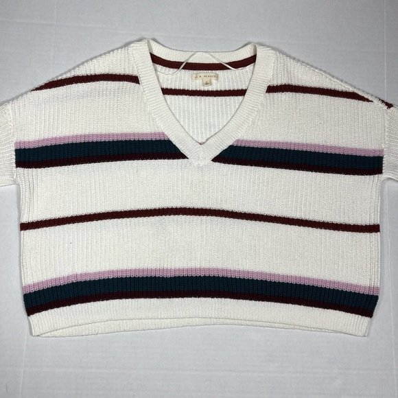 L A HEARTS V Neck Striped Sweater White Burgundy Cropped Oversized Size S - Picture 7 of 12